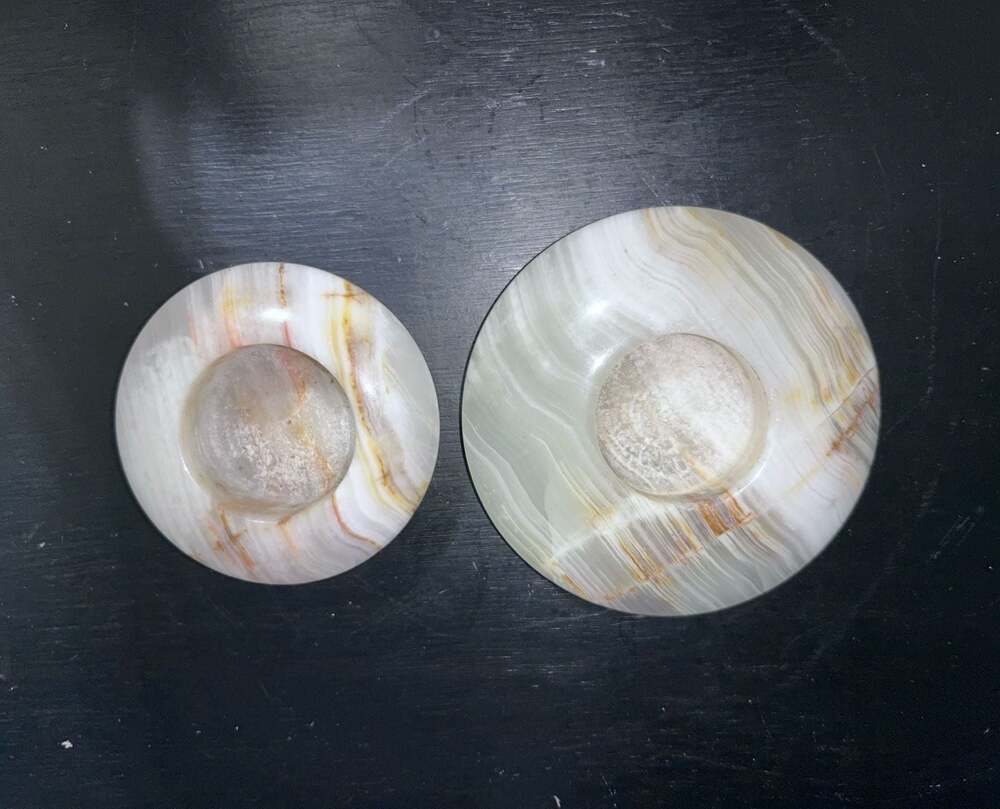 Vintage Banded Green Onyx Stone Round Candle Holders Set of 2